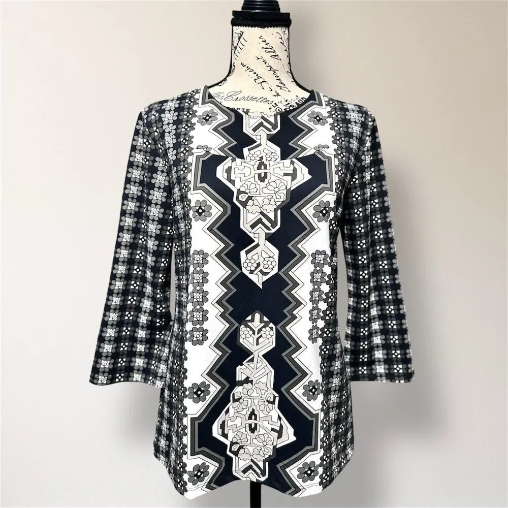 J.McLaughlin M‎ Black White Floral Geometric Catalina Long Sleeve Artsy Top